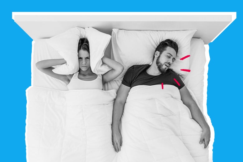 Couple in bed with man snoring.
